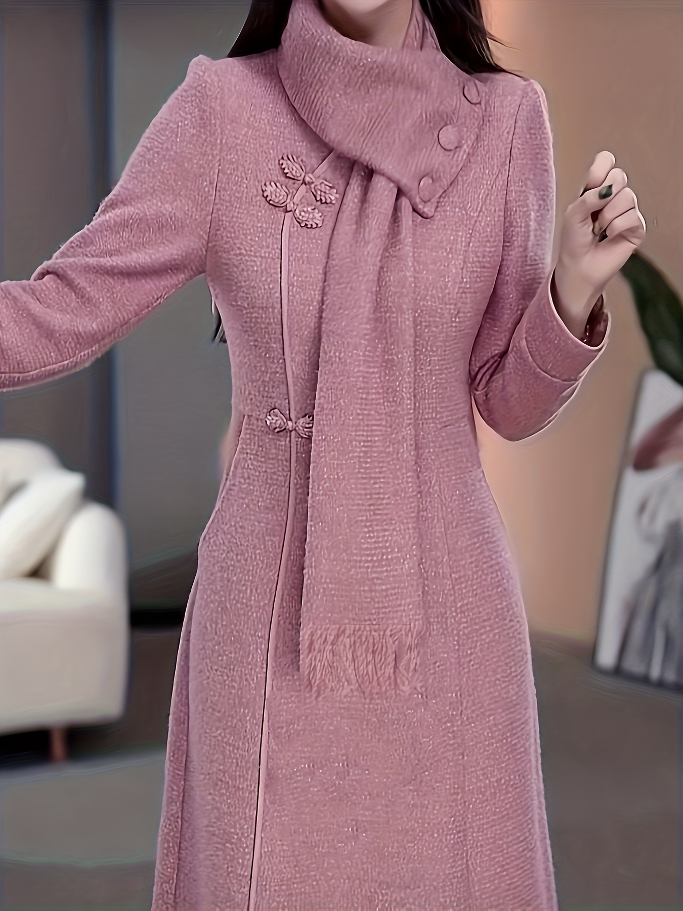 Vestido Feminino Rosa Estilo Cheongsam de Lã com Manga Longa e Gola Alta, Elegante Vestido Maxi de Inverno