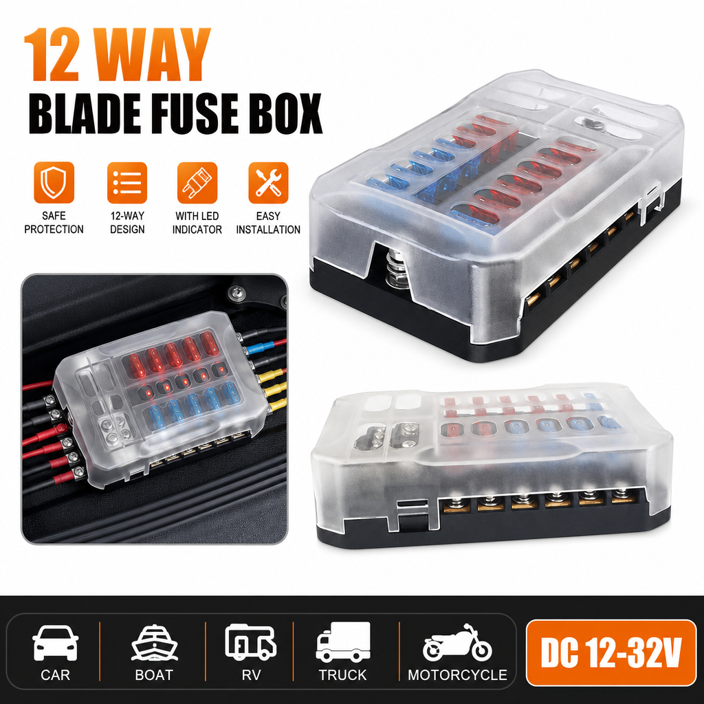 Caja de Fusibles MAX 100A de 6/12 Vías con Indicador LED de Advertencia, Panel de Distribución de Energía de 12V para Auto/Barco, con Cubierta de Plástico