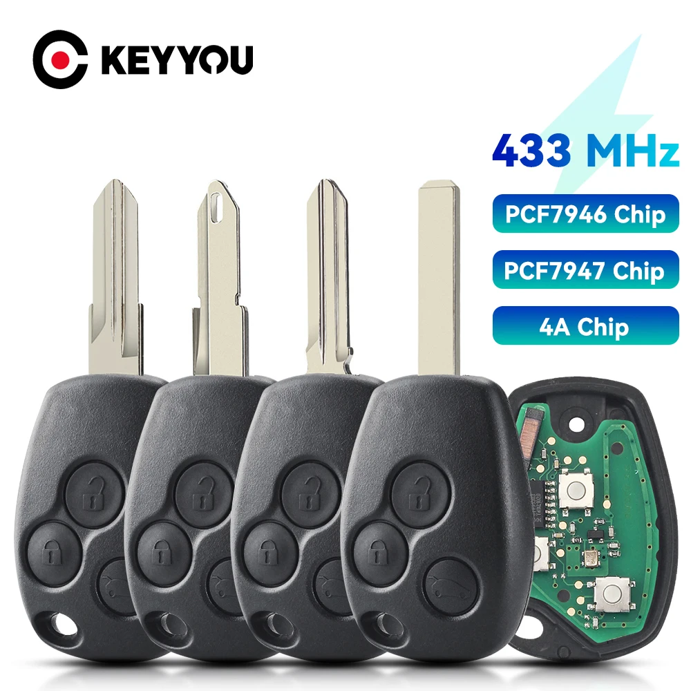 KEYYOU para Renault Clio Kangoo Master Modus Logan Twingo Fob ID46 PCF7946 / PCF7947 / 4A Chip 434MHz 3 botones llave remota del coche