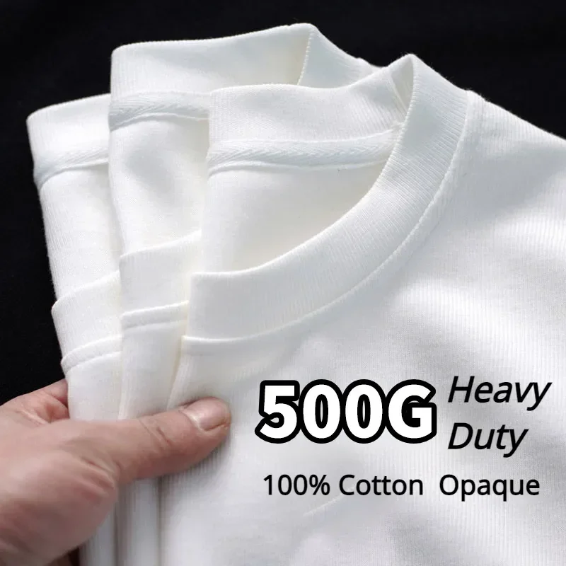 Camiseta de algodón puro resistente GSM, color blanco y negro, 500g, cuello redondo roscado grueso, manga corta, camisetas de media manga con tres agujas