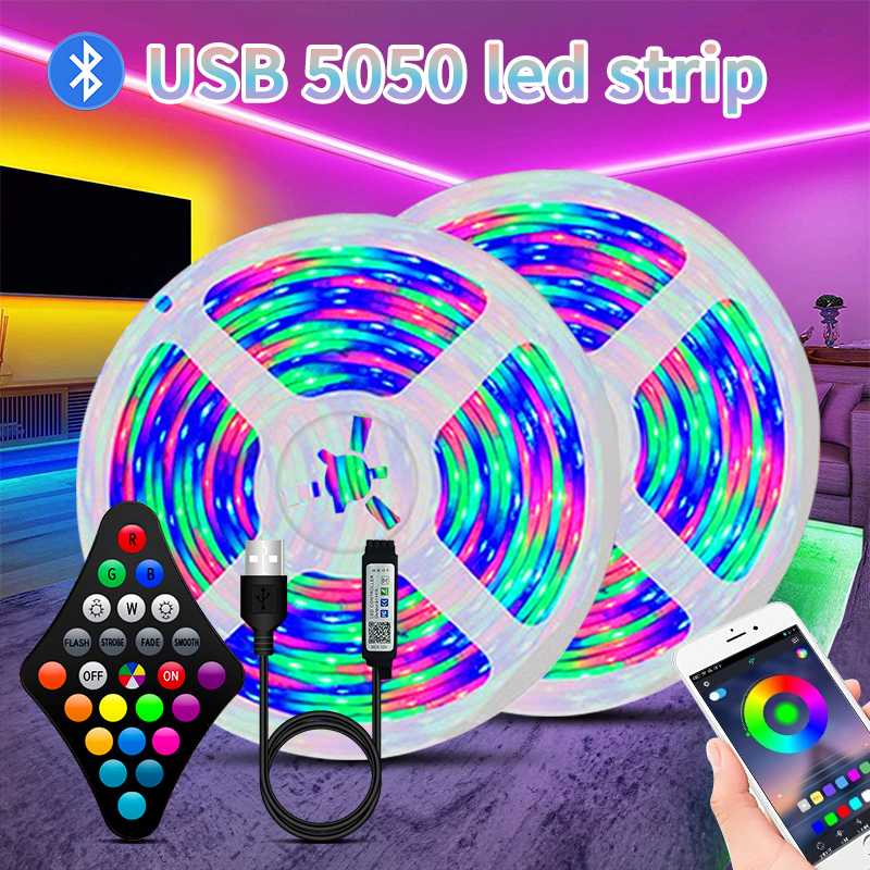 Tira de luces LED USB de 1M-30M, 5050 RGB, Control por aplicación, luces que cambian de Color con 24 teclas, modo remoto para decoración de habitaciones, Bluetooth y TV