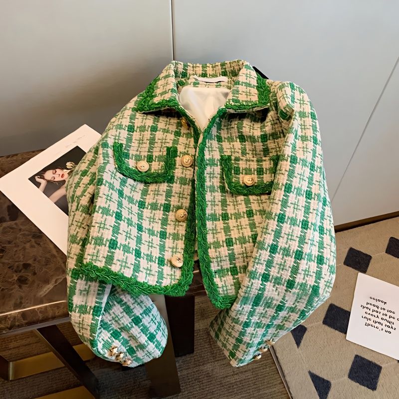 Nowa koreańska tweedowa kurtka w stylu Vintage zielona odzież wierzchnia wiosna jesień kobiety płaszcz krótka kurtka długi guzik na rękawie kołnierz na dół garnitur