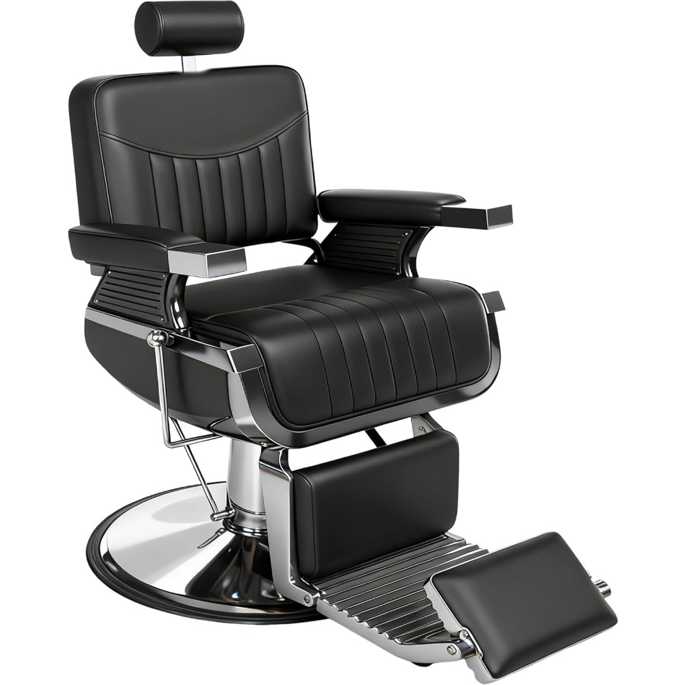 Barber Chair, Modern Hydraulic Reclining Barber Salon Chair with Vertical PU Leather, Adjustable Headrest & Footrest,Customized