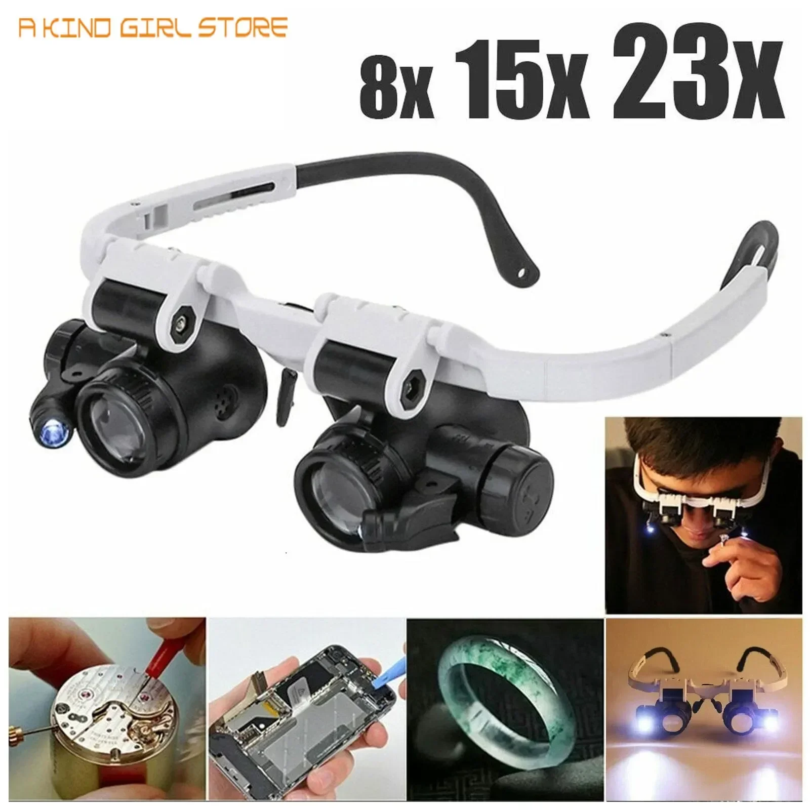 2XLED reloj joyero reparación lupa diadema montada en la cabeza cabeza lupa ajustable gafas lente 8X 15X 23X