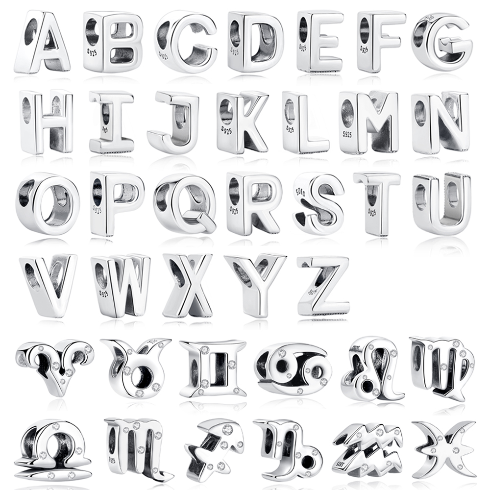 Abalorios de plata de ley 925 originales para mujer, 12 letras del zodiaco A-Z, Virgo Aries, apto para pulseras de marca Pan, collares, joyería