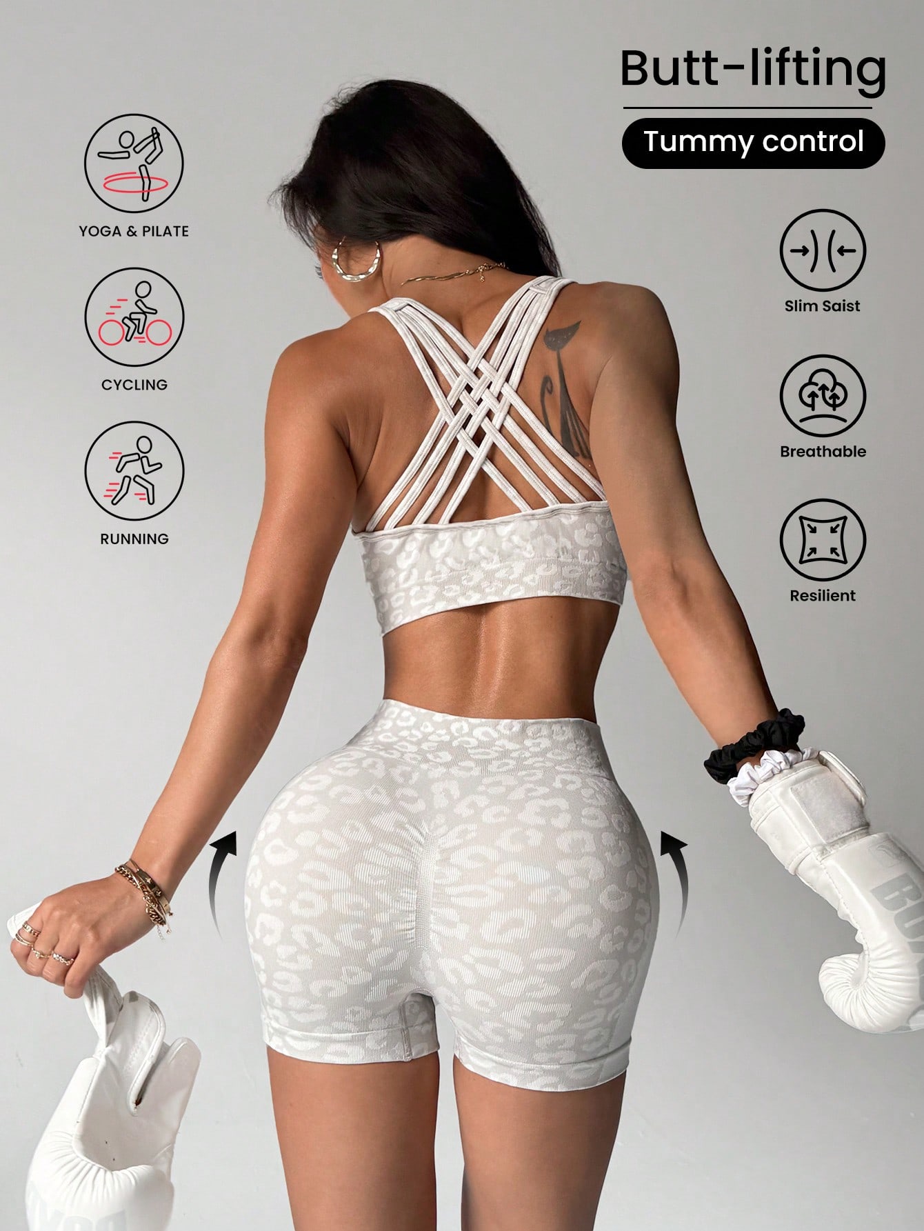 Set yoga motif leopard berpinggang tinggi dan membentuk perut untuk wanita, mengangkat pinggul dan ketat untuk dipakai di luar ruangan, warna peach untuk olahraga lari