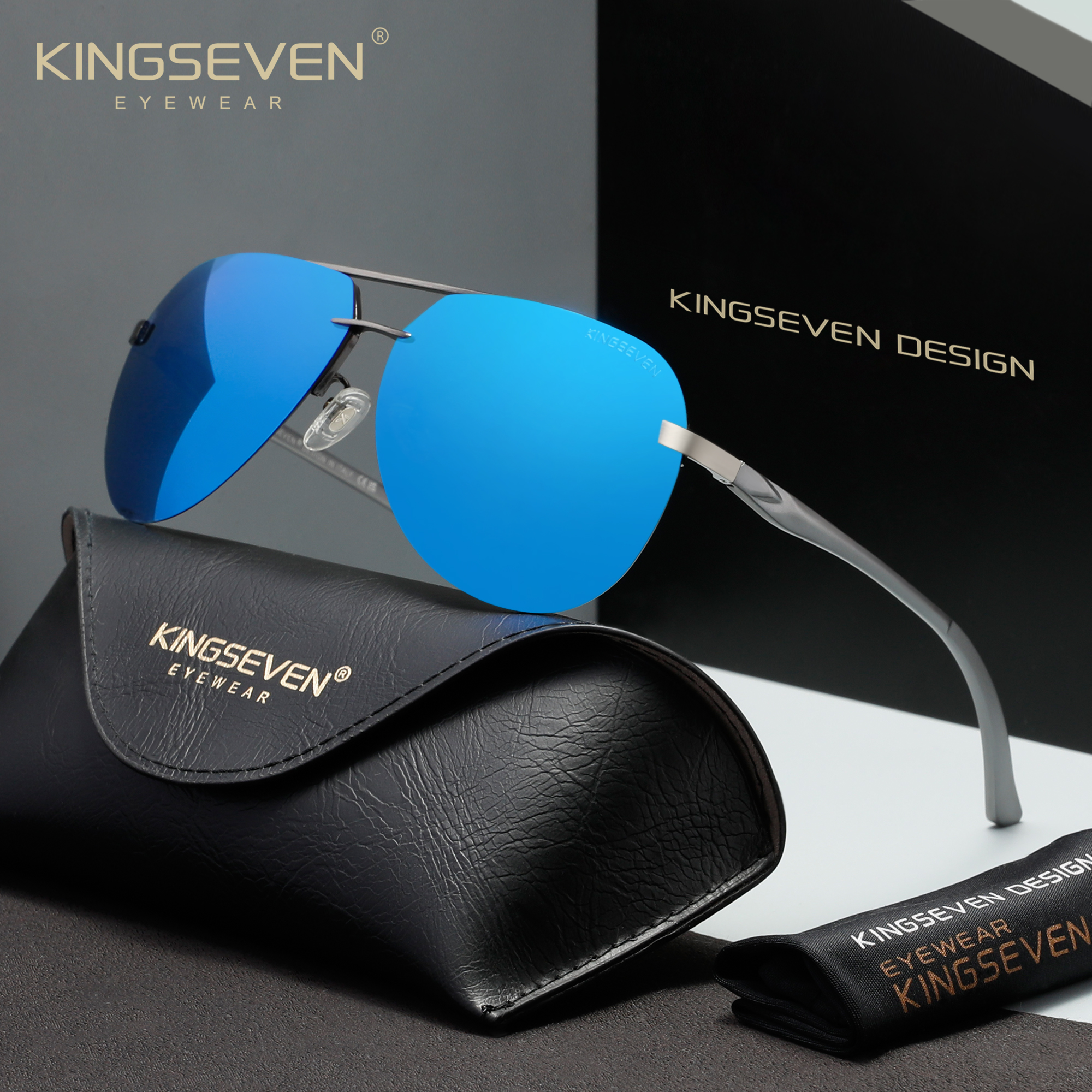 KINGSEVEN Modische randlose Piloten-Sonnenbrille für Herren und Damen, klassische UV400-polarisierte Brille, lässig, zum Fahren im Freien, große Brillengestelle