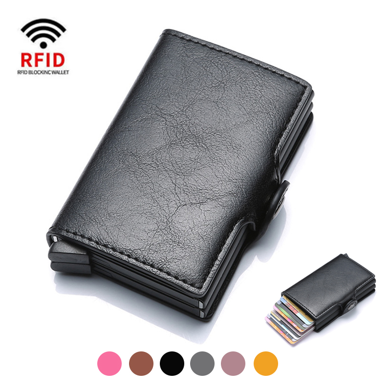 Мужской кошелек с блокировкой RFID, держатель для кредитных карт, кожаный кошелек для карт, двойная металлическая коробка, держатель для удостоверений личности, кошелек с зажимом для денег, новинка 2023 г.