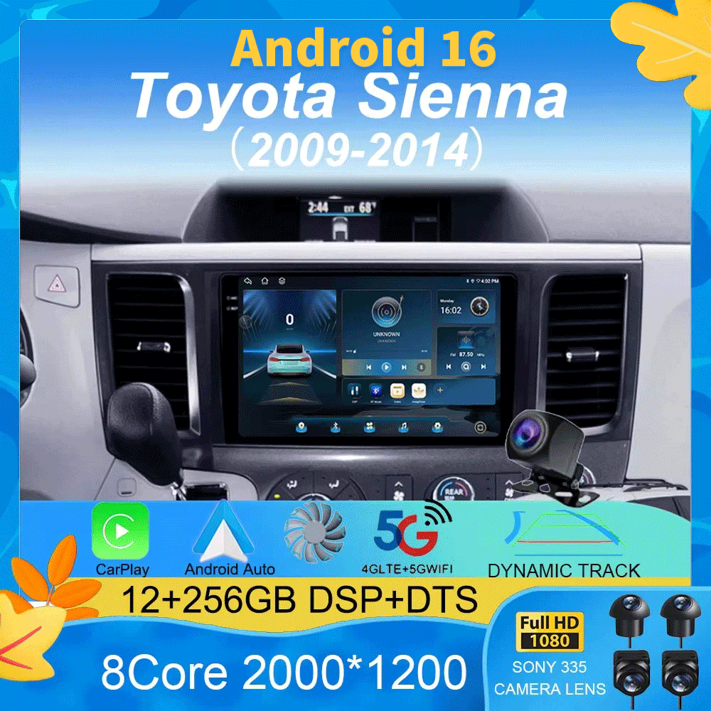 สำหรับ Toyota Sienna ปี 2009 2010 2011 2012 2013 2014 เครื่องเล่น Android 16 สำหรับรถยนต์ พร้อมระบบนำทาง GPS วิทยุสเตอริโอ 2 Din 8 คอร์ หน้าจอสัมผัส IPS ปุ่มควบคุม