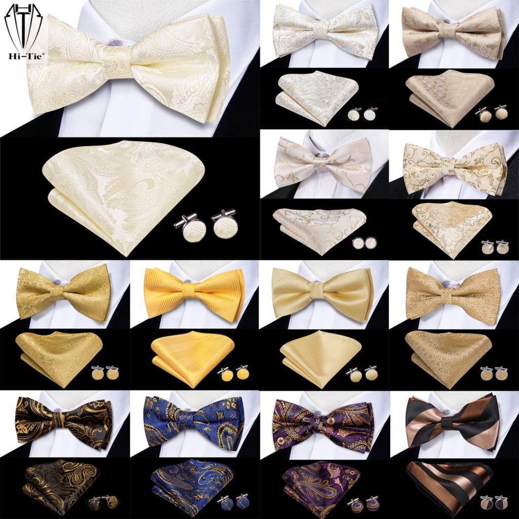Hi-Tie Beige Champagne Goud Heren Vlinderdas Zakdoek Manchetknopen Set Voorgeknoopte Vlinderknoop Vlinderdas voor Mannelijke Bruiloft Zakelijk Cadeau