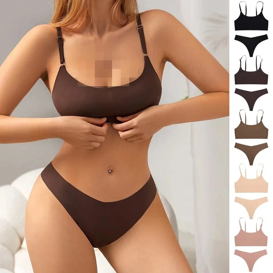 Ensemble soutien-gorge et culotte sans couture pour femme, lingerie coupe haute, sous-vêtements à encolure dégagée, solide, document, 1 ensemble