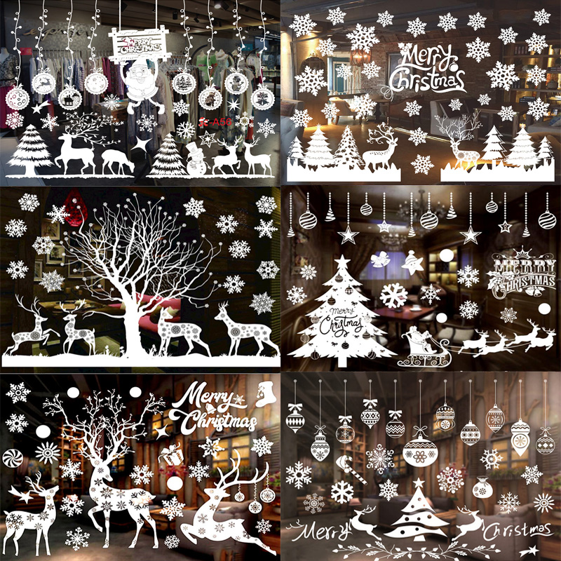 Flocos de neve de natal janela eletrostática adere adesivos rena papai noel decalques de janela natal decorações para casa ano novo 2024