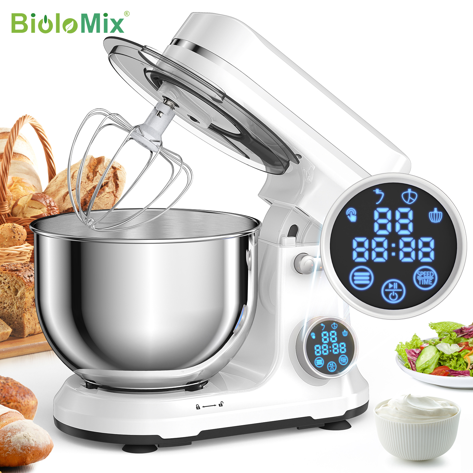 Кухонный миксер BioloMix, двигатель постоянного тока с 11 скоростями 1200 Вт, цифровой OLED-экран, электрический миксер для еды с крючком для теста, венчик
