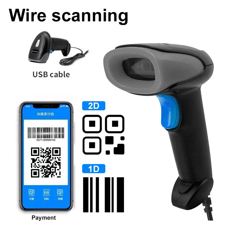 1D/2D QR-codescanner USB bekabelde draagbare barcodelezer Snelle supermarkt-magazijnscanner