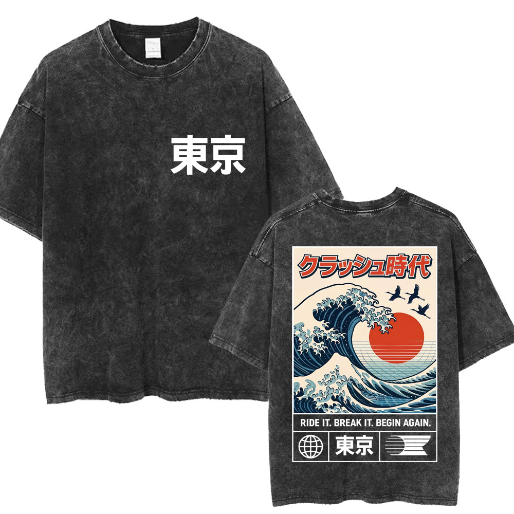 Stile giapponese Hokkaido Wave Tokyo Wash T-shirt Uomo Donna Harajuku Moda Vintage T-shirt T-shirt in cotone oversize Streetwear