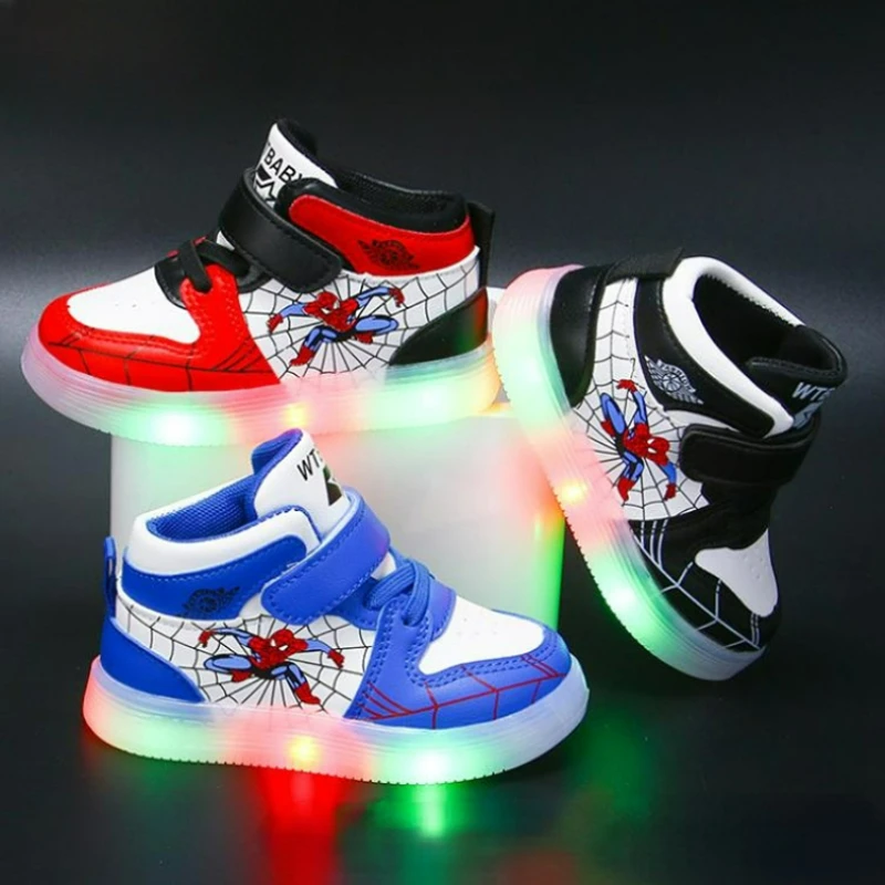 Disney-Tênis infantis respiráveis, tênis de luz LED, Aoger, Homem-aranha, desenhos animados, casual, esporte, meninos, meninas, crianças, moda