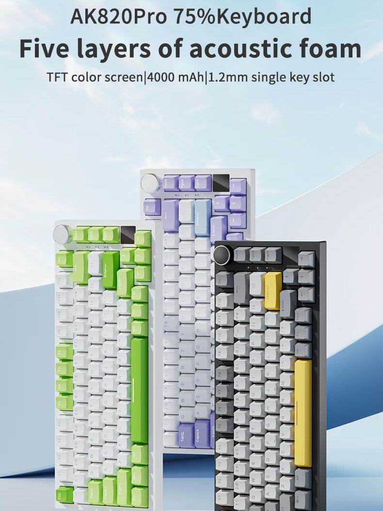 Teclado mecánico AJAZZ AK820/AK820Pro pantalla TFT perilla multifuncional teclado para juegos con cable/2,4 GHz/BT conectar teclado de PC