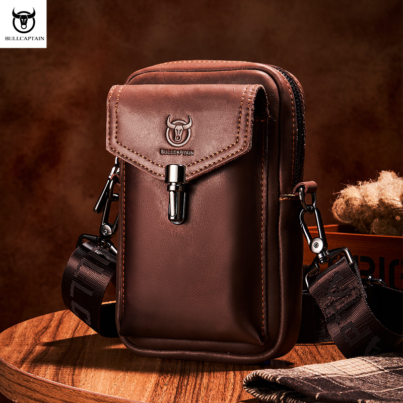 BULLCAPTAIN Crazy Horse lederen heren heuptassen multifunctionele 7-inch mobiele telefoon tas tas mannelijke schouder messenger tassen bruin