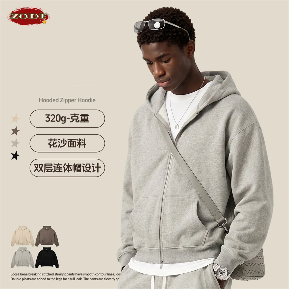 ZODF Fashion Man Old Money Style 320gsm Zipper Hoodie Unisex Cusual Solid Hooded Coat Spring Autumn Jackets HY1303