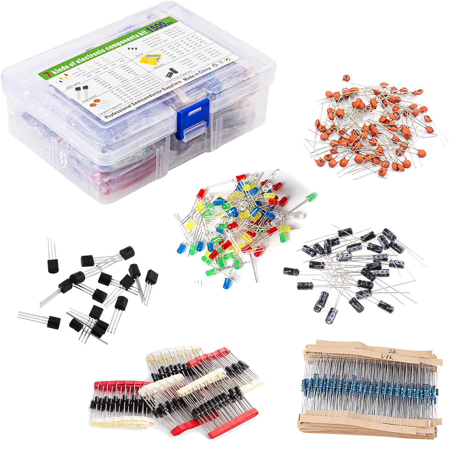 1500pcs Kit di assortimento di componenti elettronici condensatori Led diodo raddrizzatore resistore Transistor per Arduino progetto fai da te