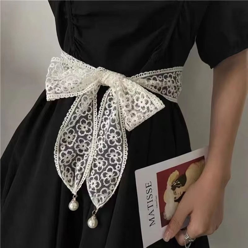 Elegante kanten knoopriem met parelhanger, lang lint, sjaal, rok, jas, decoratie, tailleketting, nieuw