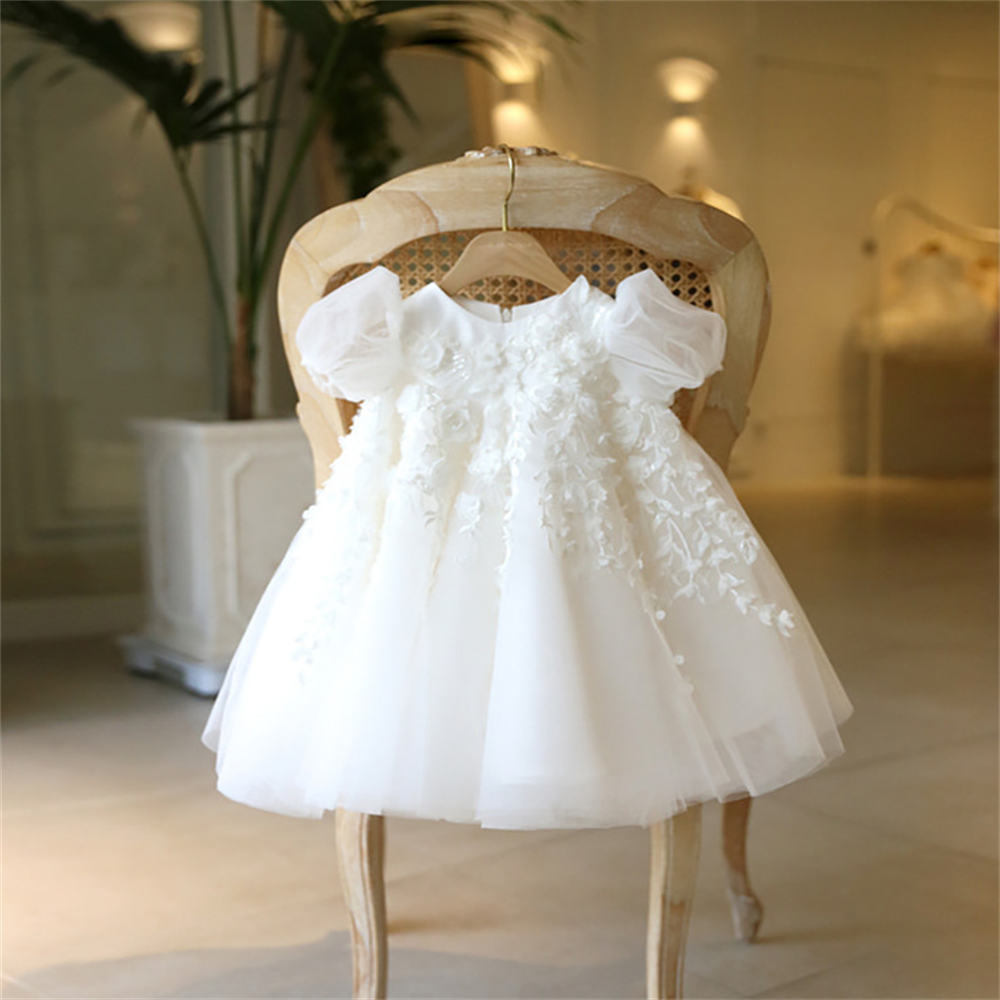 Abito da principessa a vita alta per battesimo Abito da sposa bianco per compleanno per bambini Abito da ragazza di fiori Abito da comunione soffice personalizzato