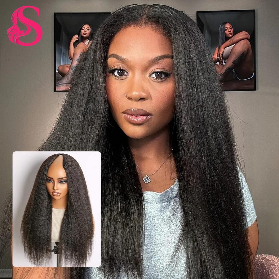Peruki Smilegirl V Part Kinky Straight z Włosów Naturalnych, Gotowe do Założenia, Bez Kleju, Peruki z Włosów Naturalnych Yaki Straight, Do Codziennego Użytku, Peruki Wykonane W Całości Maszynowo dla Kobiet