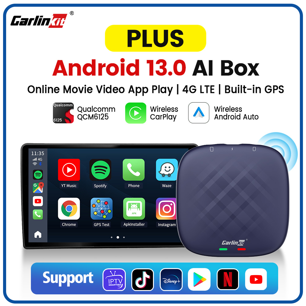 Carlinkit CarPlay Ai TV Box Plus Android13 64G 128G QCM 4/8 Core Wireless CarPlay Android Auto для YouTube Netflix 4G Lte