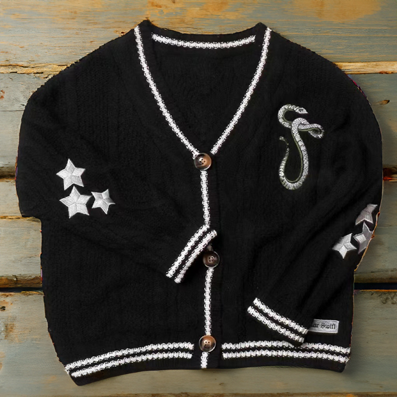 Cardigan de reputação com estrela de cobra Cardigan Rep Taylor bordado com decote em V botão acima suéter de malha em preto outono inverno