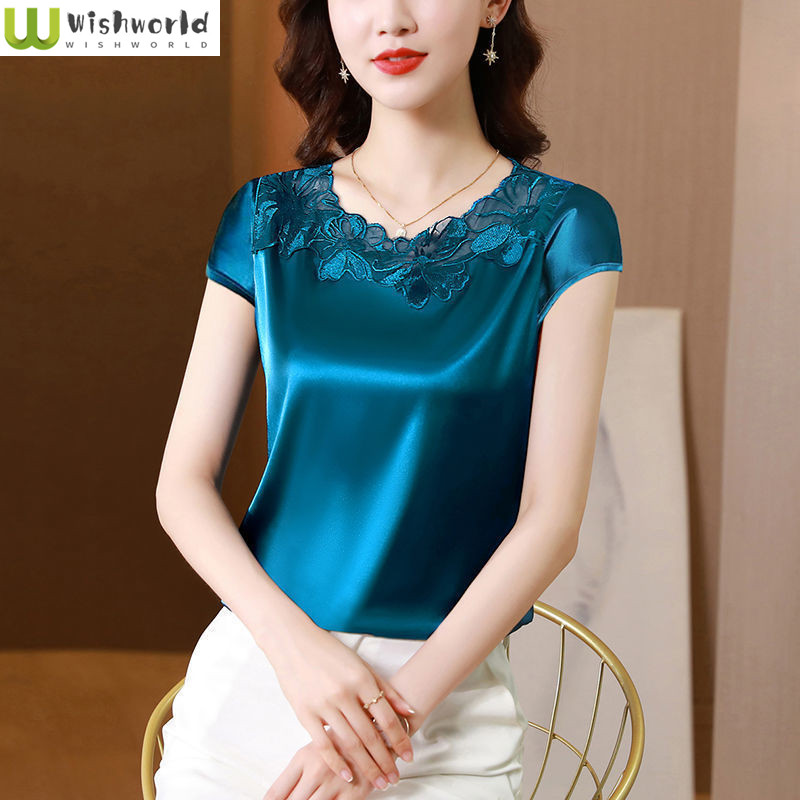 Thời Trang Nước Ngoài Phong Cách Rời Ren Áo Thun Nữ Tay Ngắn Top Nữ Của Mùa Xuân Và Mùa Hè Lớn Acetate Satin Đáy Áo Sơ Mi