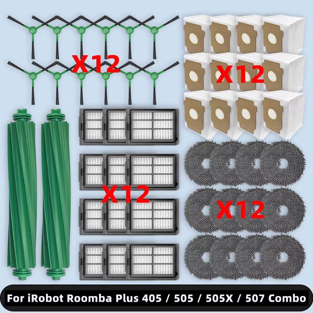 Совместимость с ( iRobot Roomba Plus 405 / 505 / 505X / 507 Combo ) Комплекты запасных частей, аксессуаров, основная боковая щетка, фильтр Hepa, накладка для швабры, мешок для пыли