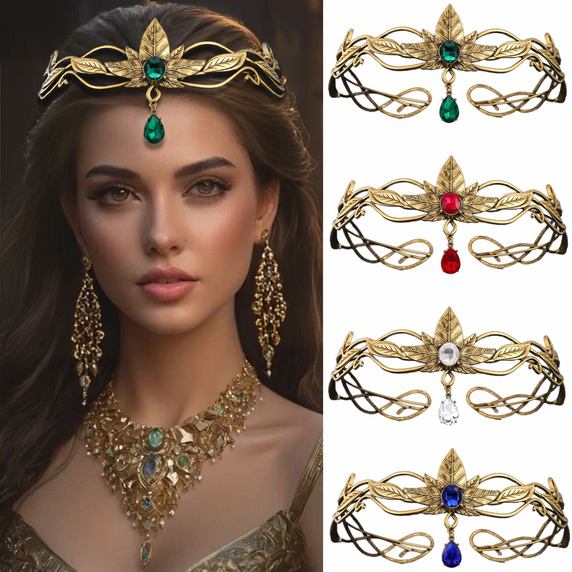 Corona de elfos redondos de Color dorado Vintage, Tiaras de diosa de cristal para mujer y hombre, diadema de hojas Vintage, diadema, accesorios para el cabello de novia