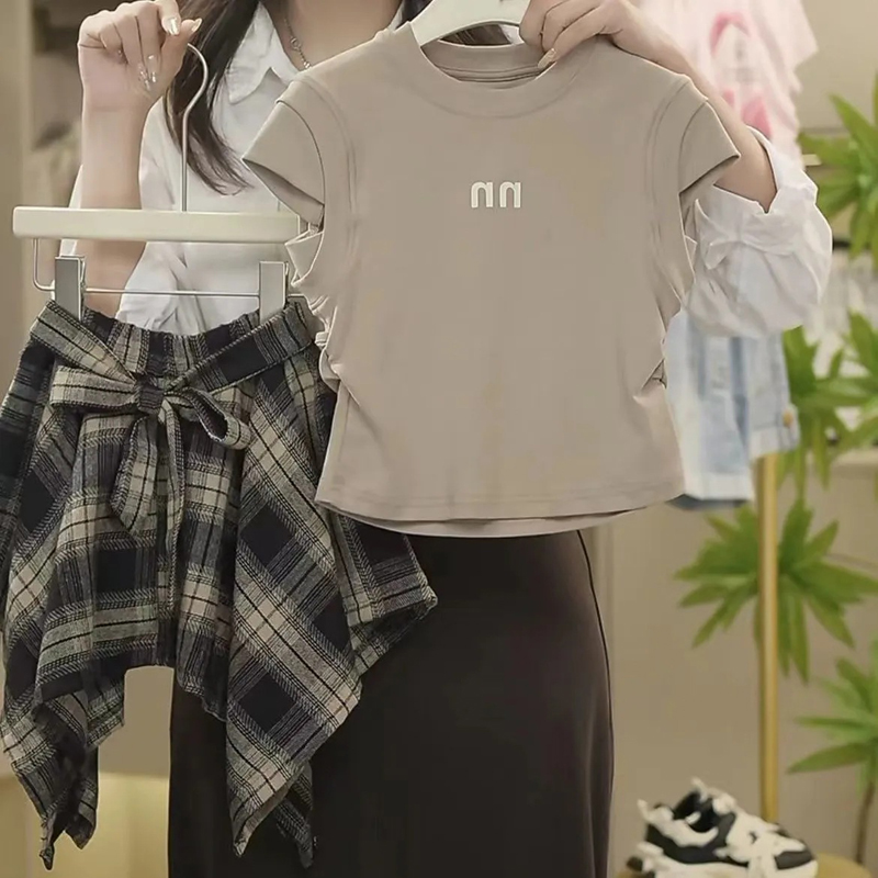 Conjunto de roupas de verão para meninas, camiseta sem mangas de cor sólida + saia xadrez irregular, 2 peças, terno para crianças adolescentes de 5 a 14 anos, roupa fashion