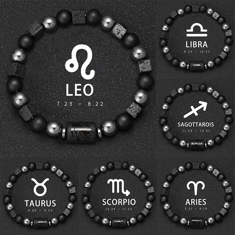 Pulsera del zodiaco de 12 constelaciones, cuentas de signos, pulsera para parejas, pulsera elástica cuadrada de piedra volcánica para mujeres y hombres, regalo