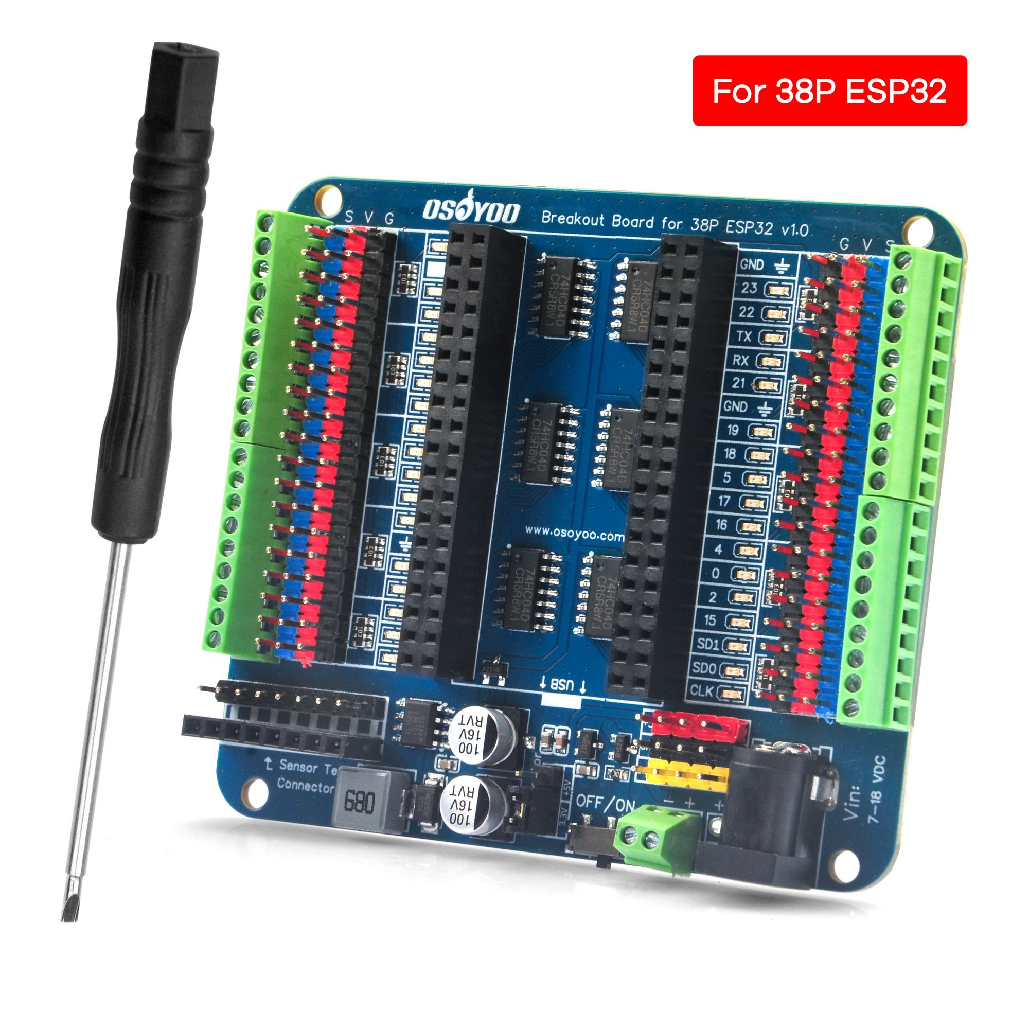 OSOYOO Breakout Board voor 30-pins ESP32-WROOM/WROVER & ESP8266 NodeMCU, niet voor ESP32-C/S/H/P-serie