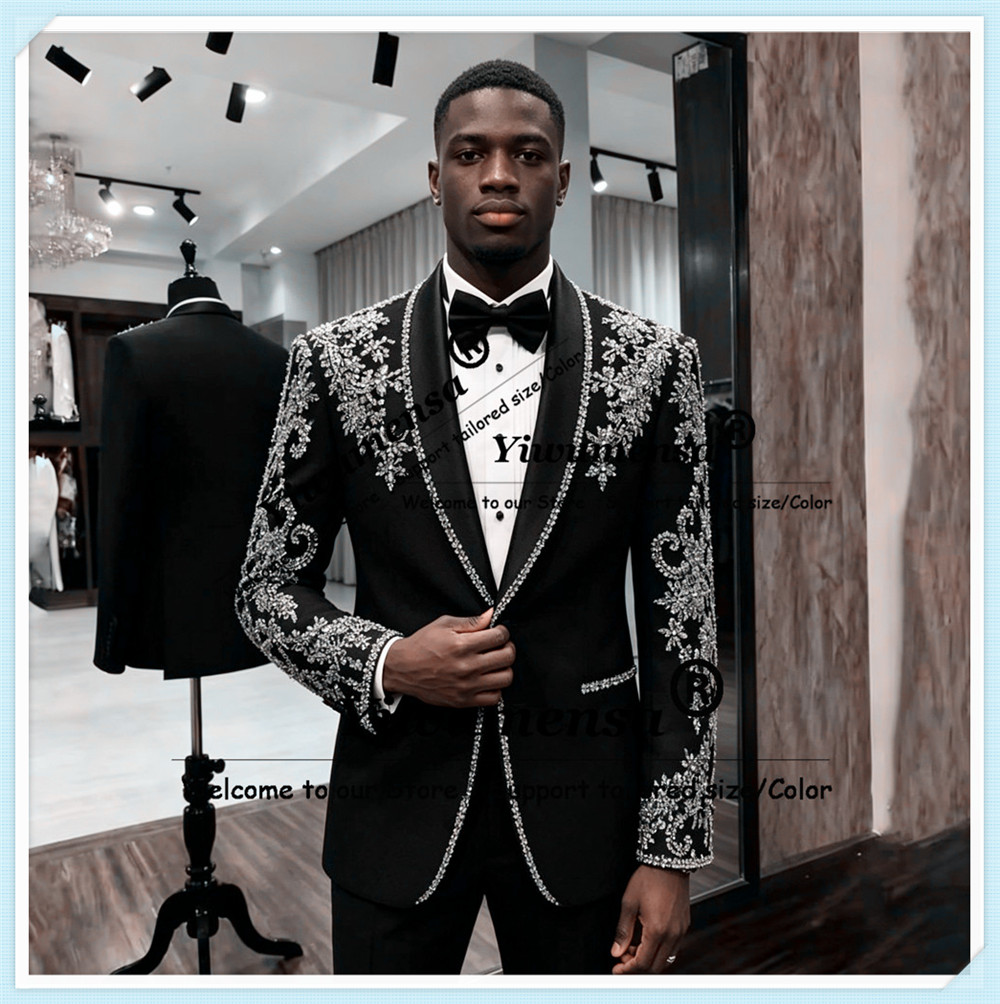 Exquisite Kristall-Perlenanzüge für Herren für Hochzeiten, Schalrevers, Abschlussball-Blazer, maßgeschneiderte 2-teilige Sets, Bräutigam-Smokings, Terno Masculino
