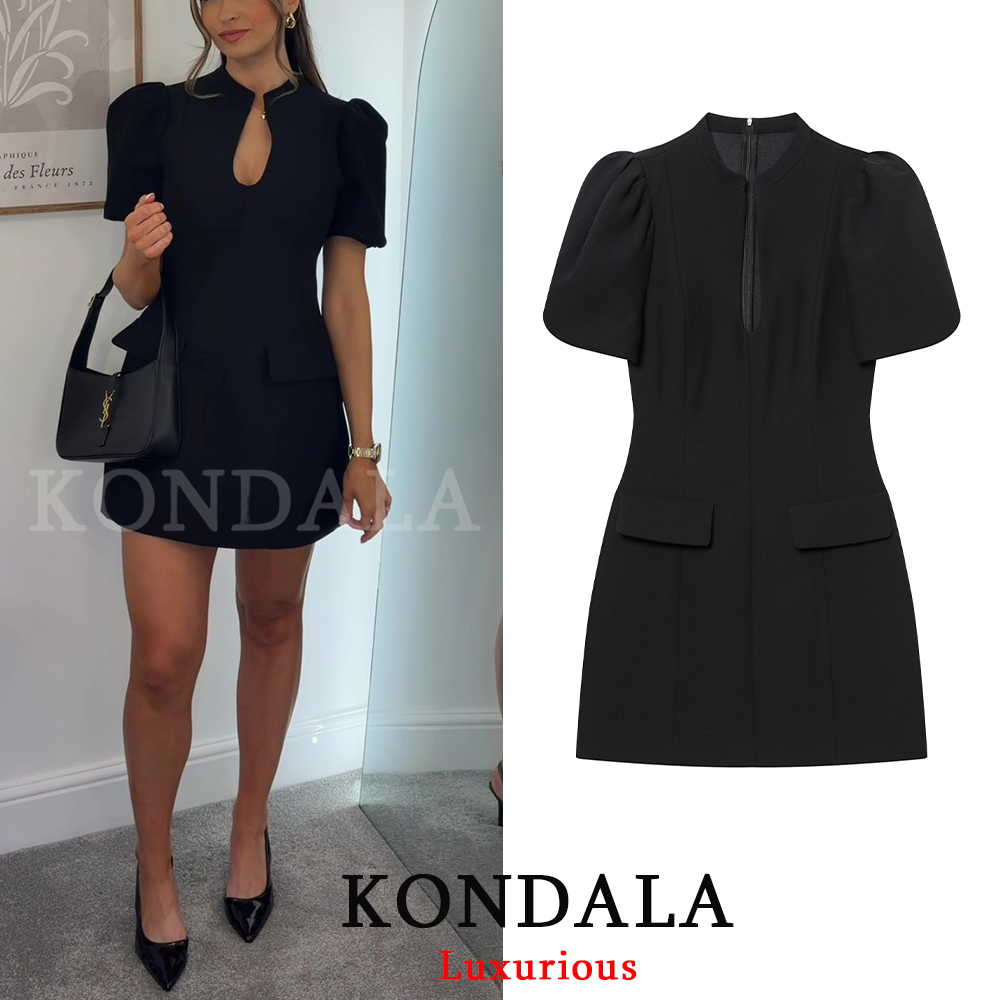 KONDALA Gaun Mini Wanita Chic Liburan Elegan Gaun Lengan Puff Pendek Ritsleting Leher-o Hitam Gaun Pesta Musim Semi Musim Panas 2026 Mode
