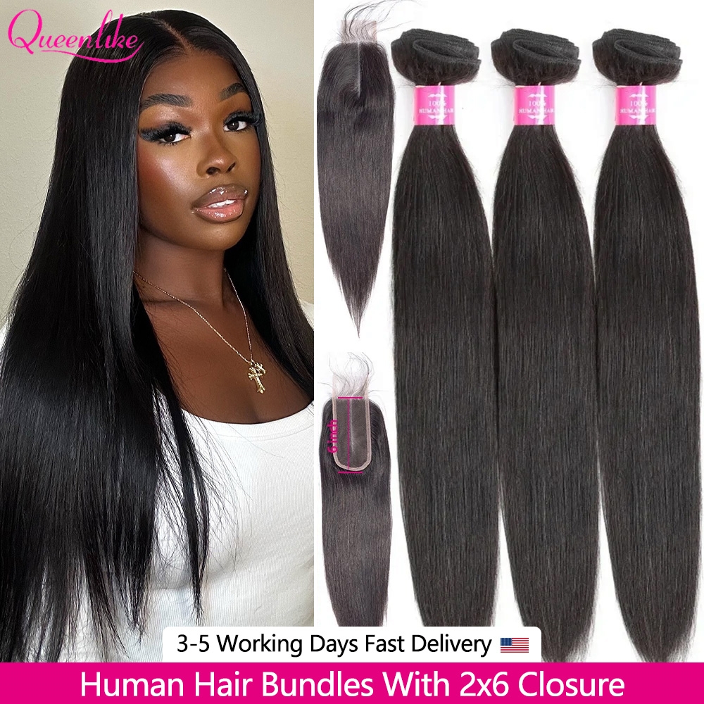 Extensiones de cabello humano liso de 20, 20 pulgadas y cierre, 100% mechones de cabello crudo con cierre de encaje HD 2x6, mechones de cabello humano de 30 pulgadas