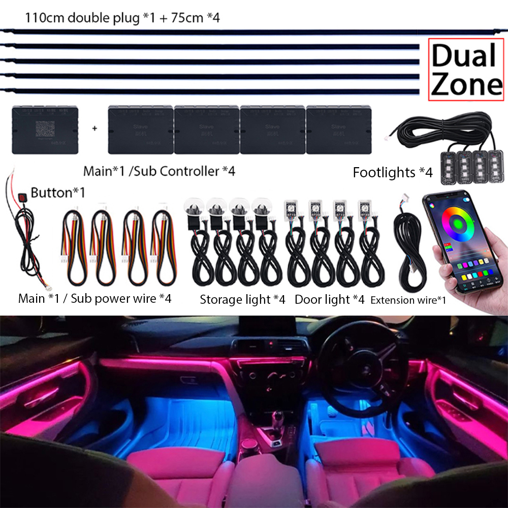 Luces LED de ambiente para coche, iluminación de Ambiente, arcoíris Interior, tira acrílica, neón, aplicación, 18 en 1, Zona Dual, Sinfonía, RGB, 64 colores