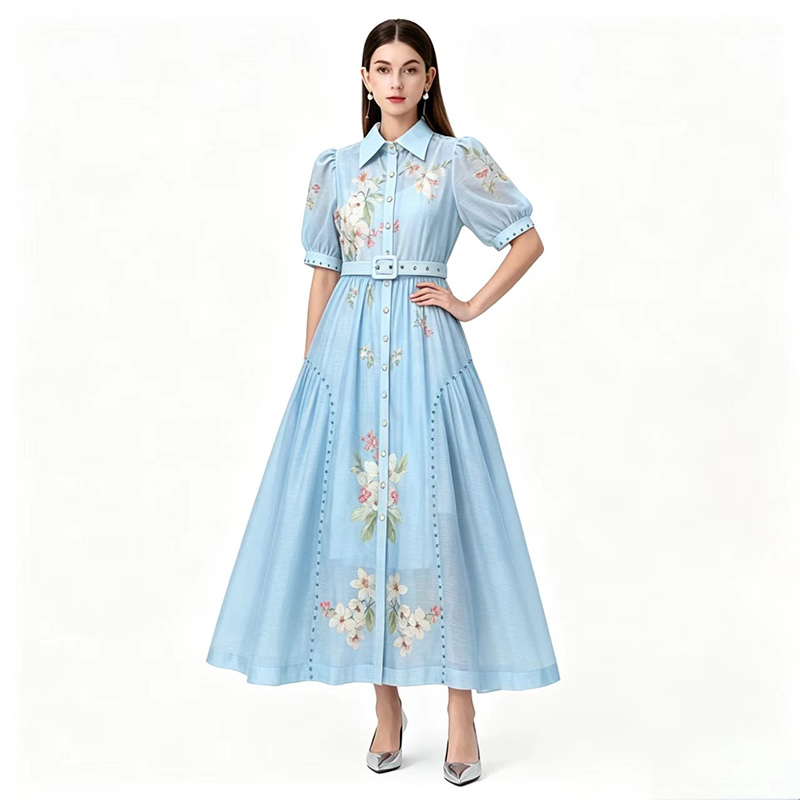 Vintage bloemenprint shirt maxi-jurk dames casual pofmouwen met riem A-lijn jurken elegante lange jurk voor lente zomer