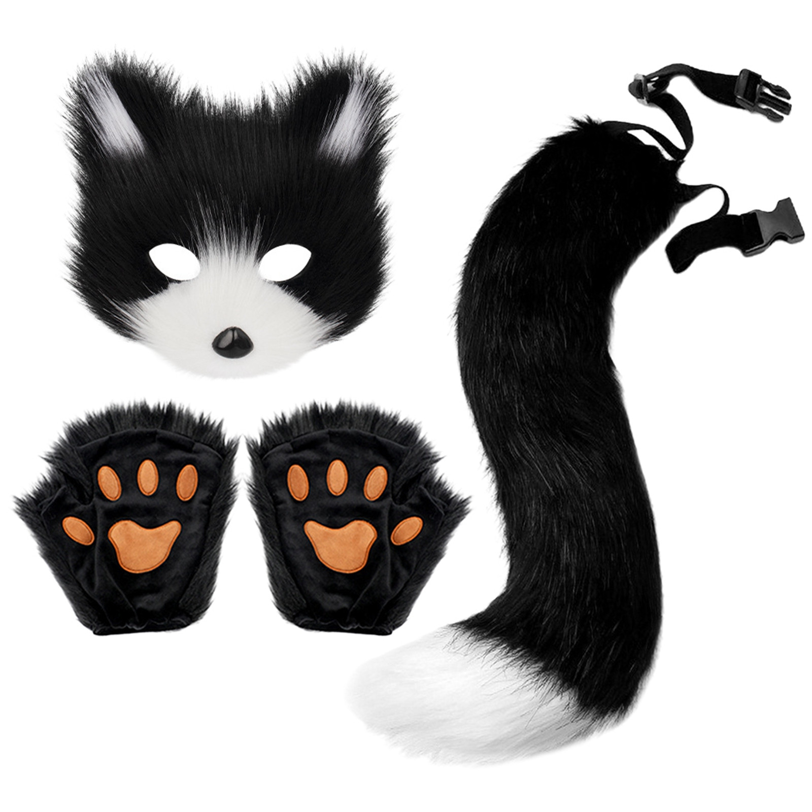 Chaveiro de cauda de raposa de pele fofa, luvas de patas de gato e conjunto de máscara therian de lobo para cosplay de halloween, acessórios de fantasia, conjuntos de máscaras