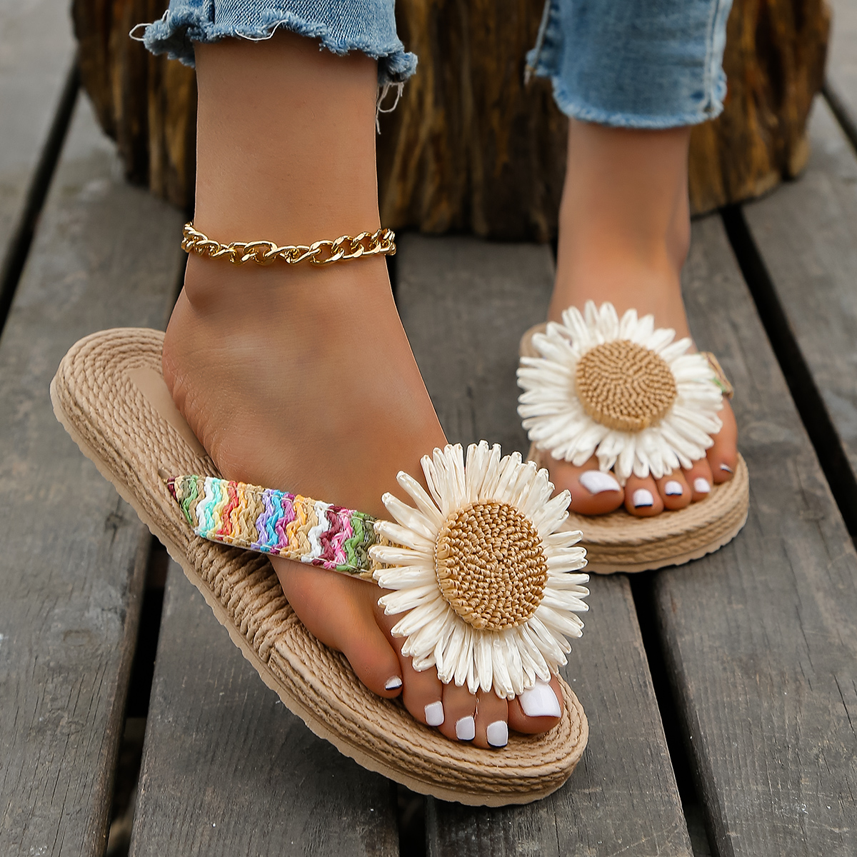 Damenmodetrend Leinen Sunflower rutschfeste, bequeme, flache Flip-Flops mit weicher Sohle