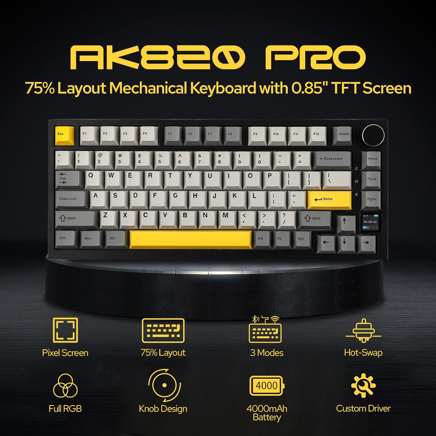 AJAZZ AK820 PRO 4000mAh Akku, Tri-Mode (Kabellos, Bluetooth, Kabelgebunden) Mechanische Tastatur. E-Sport-tauglich mit Makro-Anpassung, 75% Layout, TFT-Bildschirm, Hot-Swap-fähigen Schaltern, GIF-Animation-Unterstützung über Treiber-Software und Drehregle