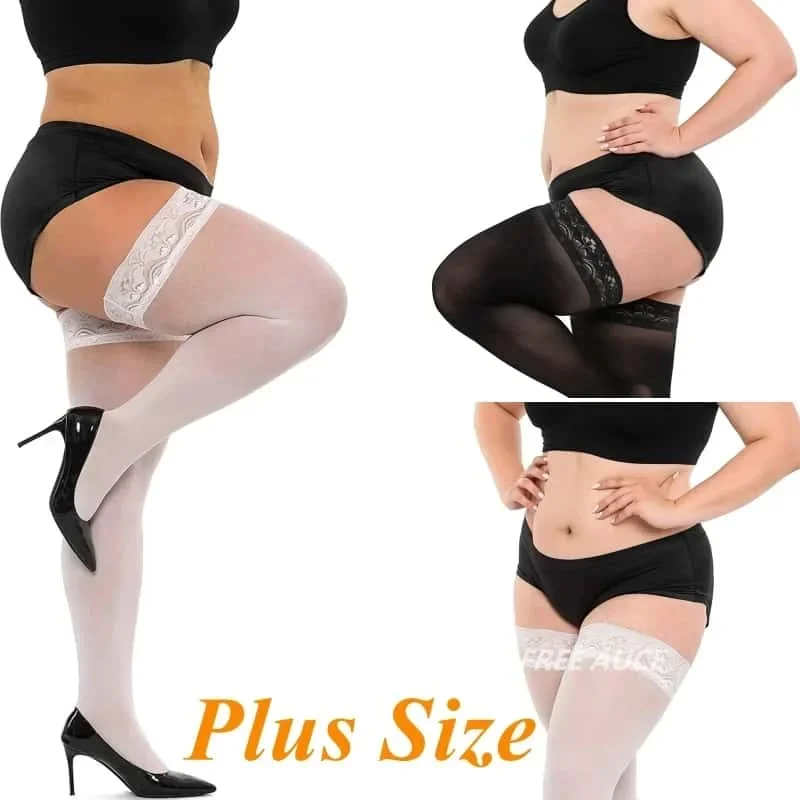 FREEAUCE Plus Size Czarne Kabaretki Długie Skarpety XXXL Grube Pończochy z Antypoślizgową Powierzchnią Za Kolano Seksowne Koronkowe Skarpety dla Kobiet