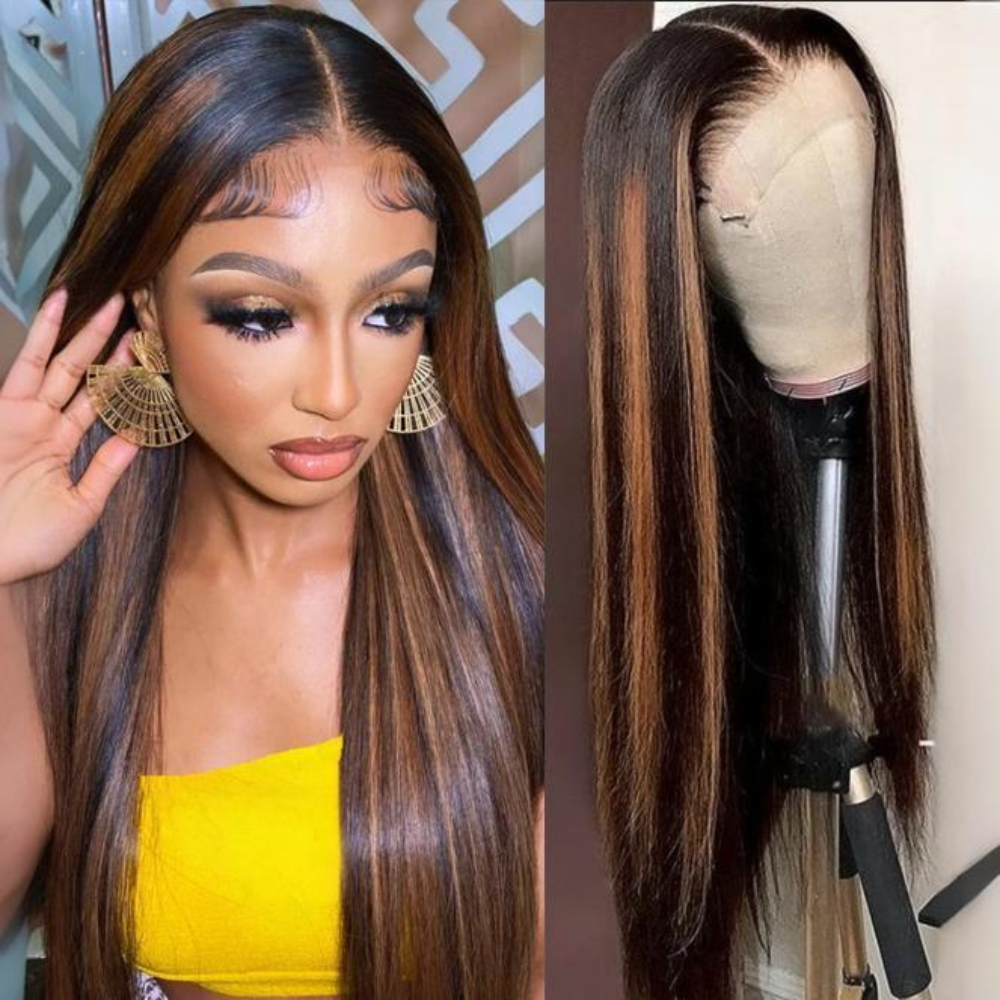 Peruca Feminina Lisa FB 30 com Destaques, Densidade 220%, Cabelo Remy, Peruca Frontal HD Transparente 13x6, Cabelo Humano Brasileiro Pré-Processado