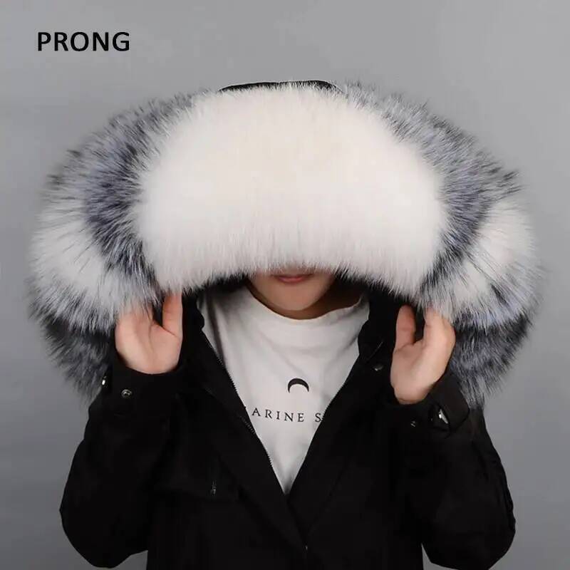 Ukuran Besar Bulu Kerah Real Fox Fur Collar Wanita Jaket Mantel Topi Bergaris Musim Dingin Wanita Syal Selendang Femal Leher hangat Kerah