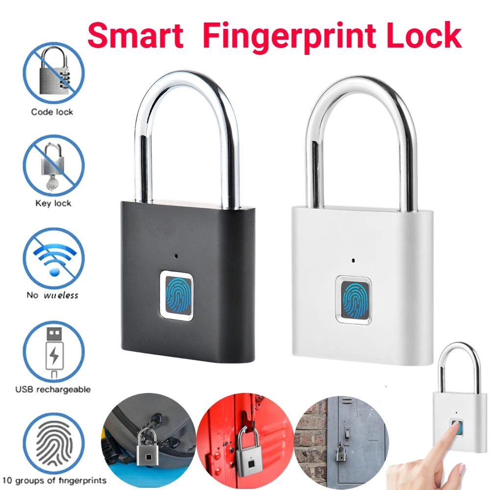 Candado de huella digital inteligente, cerradura de puerta biométrica impermeable sin llave, candado de seguridad recargable por USB para desbloqueo de casa