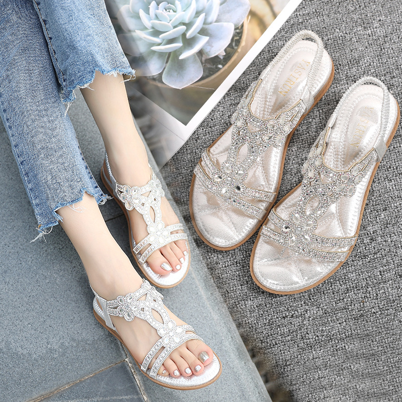 2026 Sandalias planas con diamantes de imitación para Mujer, Sandalias bohemias, novedad de verano, Sandalias romanas de tacón bajo antideslizantes para playa, Sandalias para Mujer