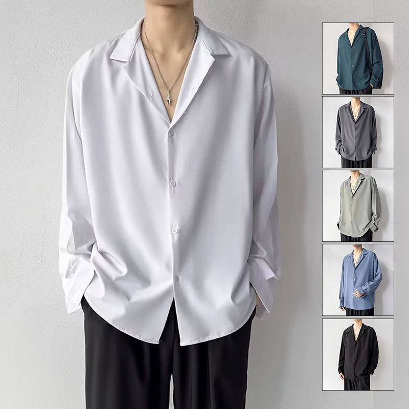 Koreańska moda Koszula męska Wiosna Lato Nowa Luźna Casualowa Koszula męska z długim rękawem i klapami Biały Czarny Szary Zielony