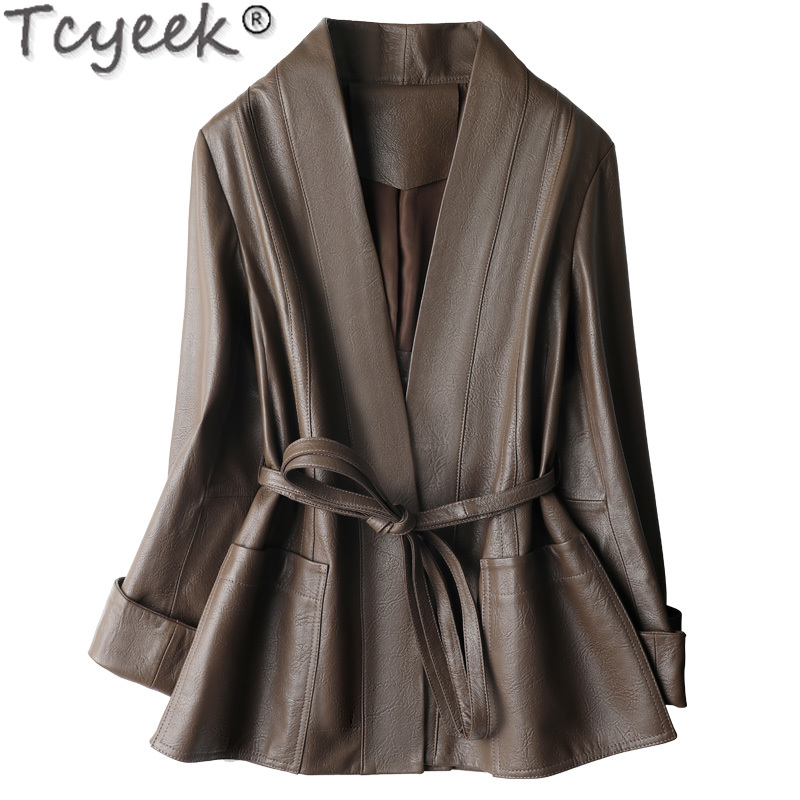 Tcyeek-女性用本革ジャケット,シープスキンジャケット,トップレイヤー,ミッドレングス,ショー,ウエスト,ベルト付き服,春と秋,2023